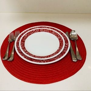 5 Red Circular Fabric Placemats Used Once